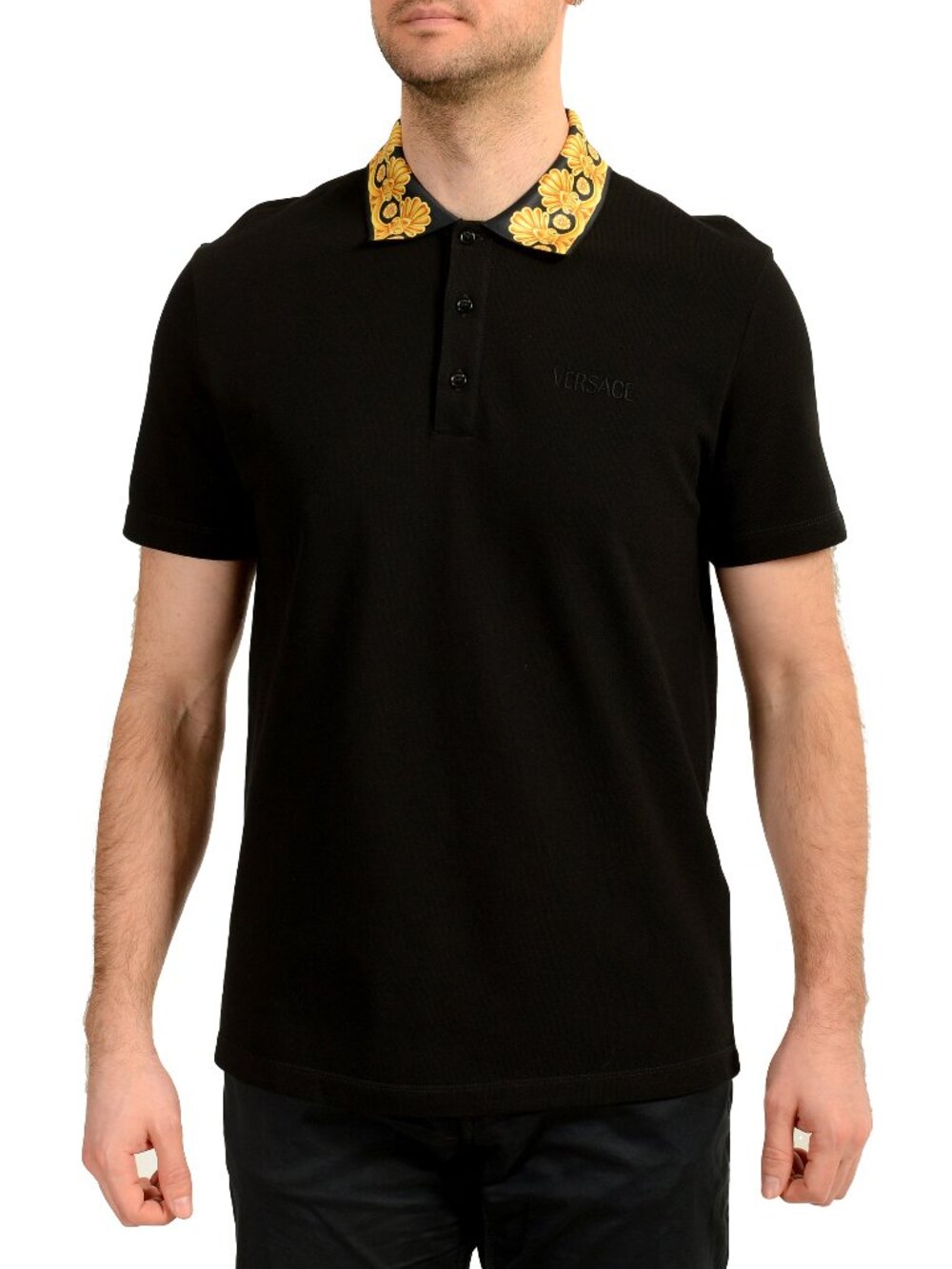 Versace Men's Black Barocco Print Short Sleeve Polo Shirt US M IT 50